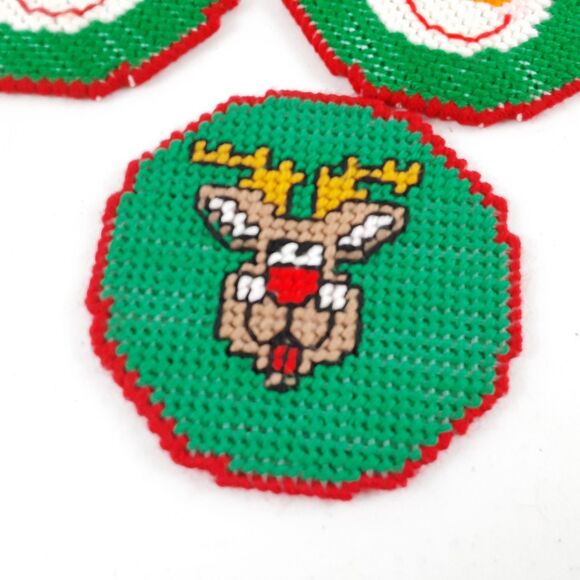 Vintage Handmade Needlepoint Canvas Christmas Coasters with Holder 9 Pc Snowmen - Picture 13 of 16